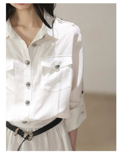 AOMALM - "Moonlight Sinks into the Sea" High-Intellect Utility Shirt Dress (Plain White / Navy Blue, with Belt & Optional Shawl)