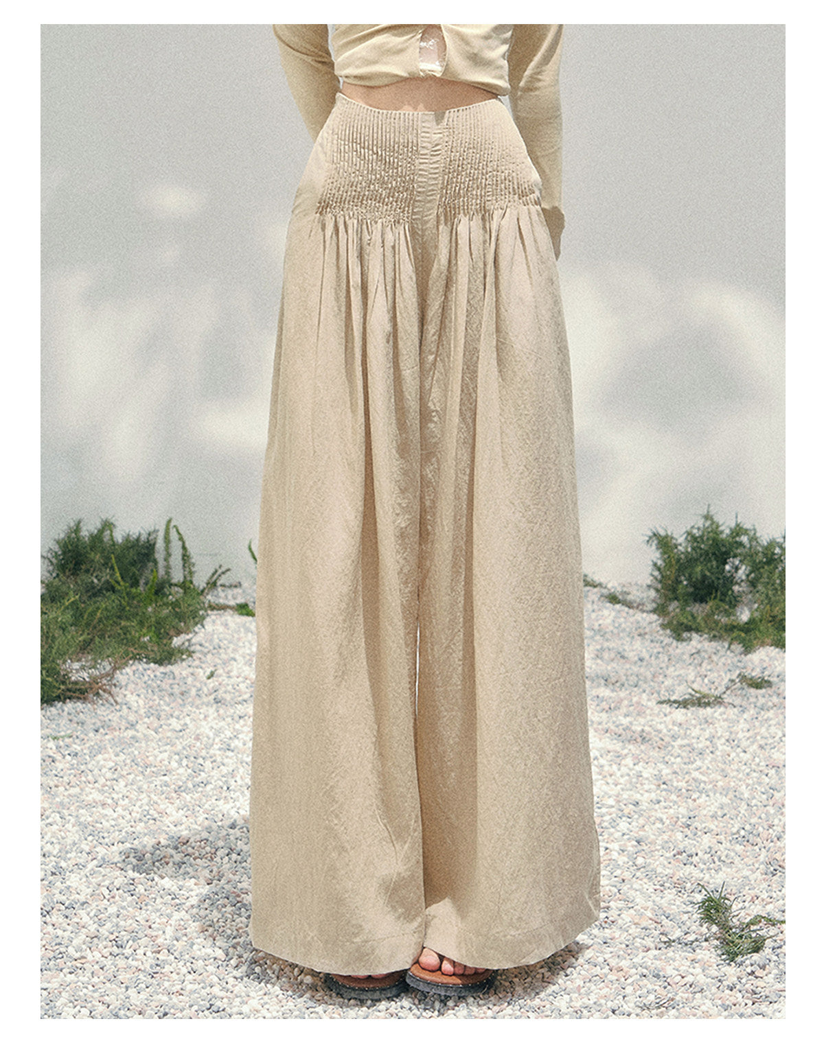 “Soft Khaki Whisper” Milk Tea Halter Twist Top & Wide-Leg Trousers