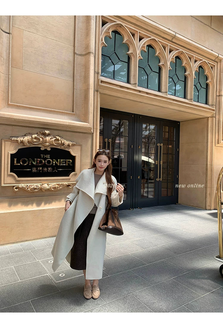 QuQuOuYang - 100% Wool Double-Face Belted Coat with Convertible Collar