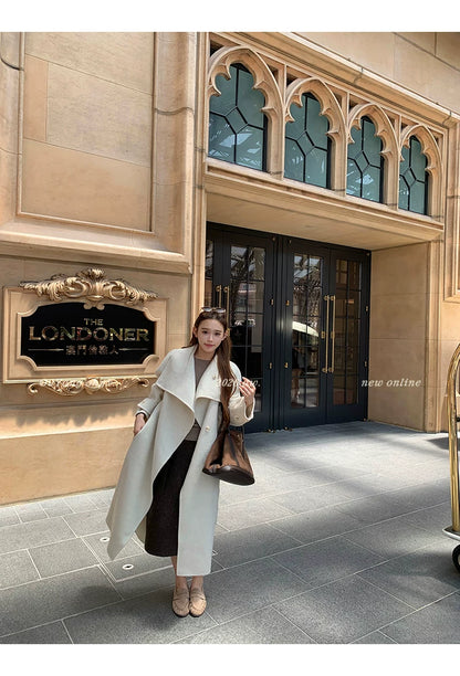 QuQuOuYang - 100% Wool Double-Face Belted Coat with Convertible Collar