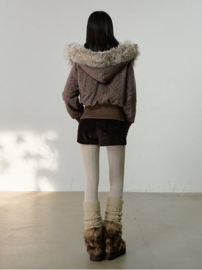 Soote Season - Vintage Leopard Wool Hooded Jacket with Faux Fur Collar – Brown Leopard