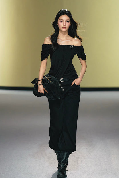 "Midnight Bloom" Black Lyocell Off-Shoulder Ruched Top