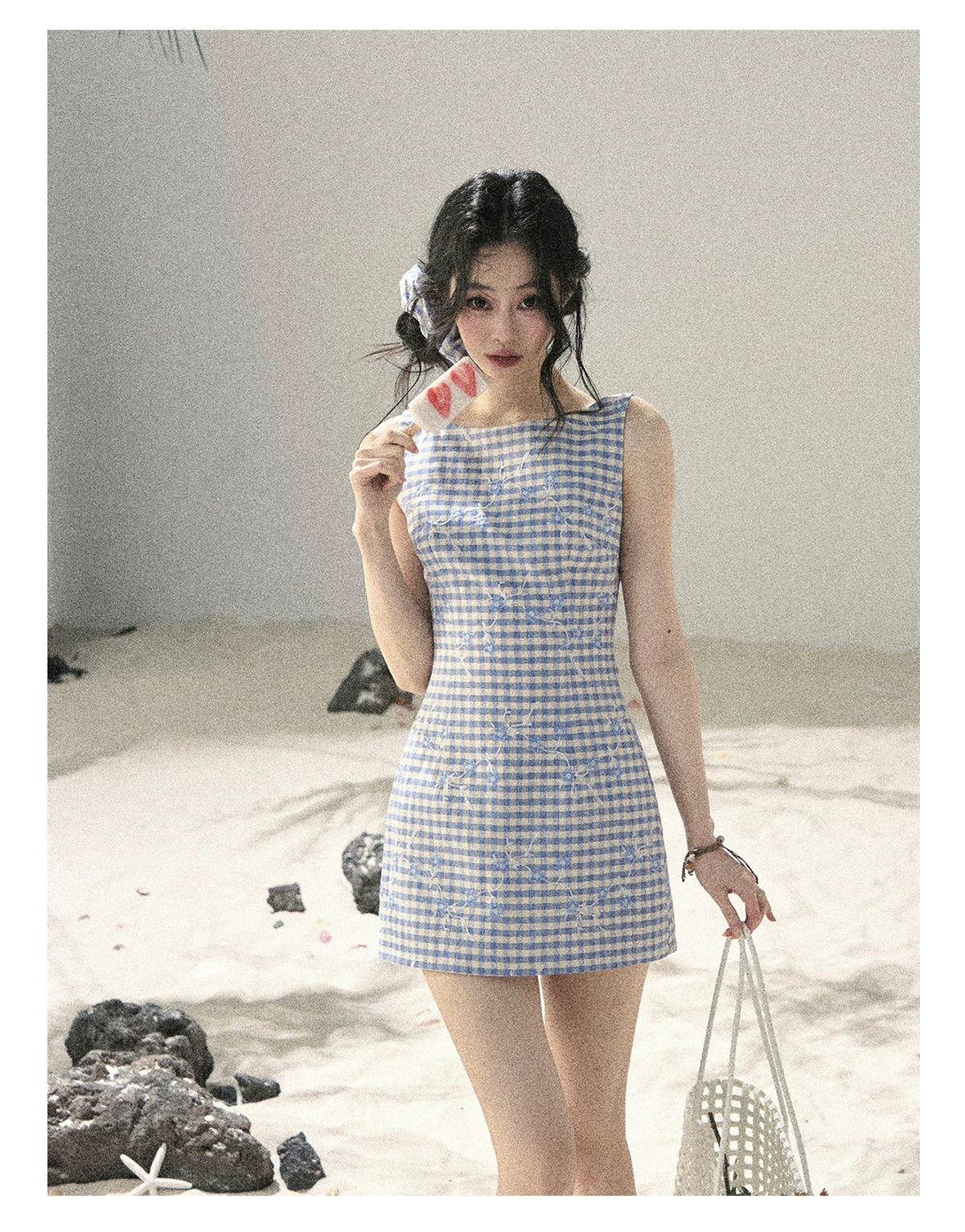 "Sea Breeze Reverie" Sky Blue Embroidered Plaid Mini Dress (With Matching Scrunchie)