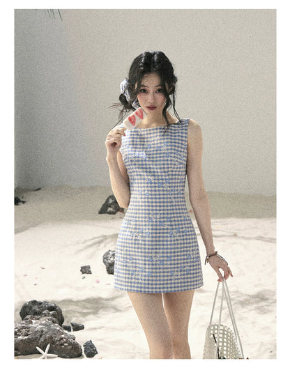 "Sea Breeze Reverie" Sky Blue Embroidered Plaid Mini Dress (With Matching Scrunchie)