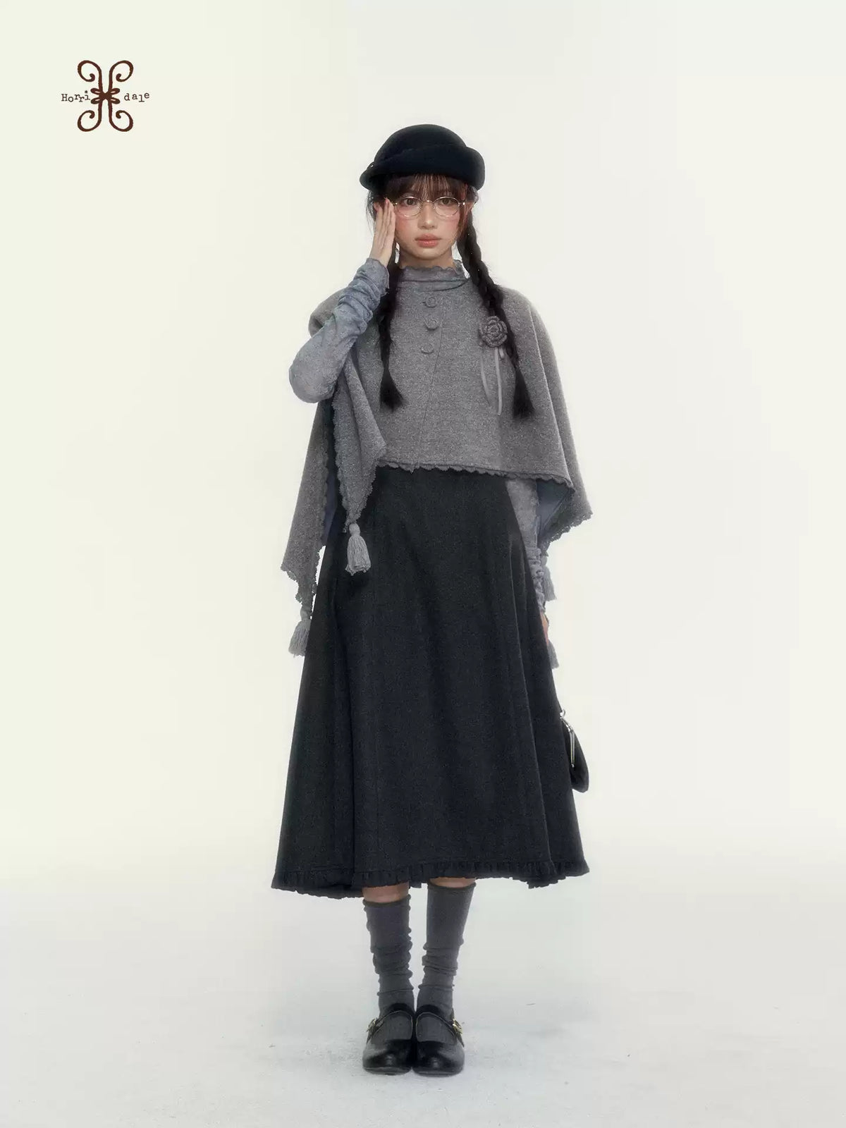 Vintage Double-Breasted Wool Dress & Knit Fringe Cape Set