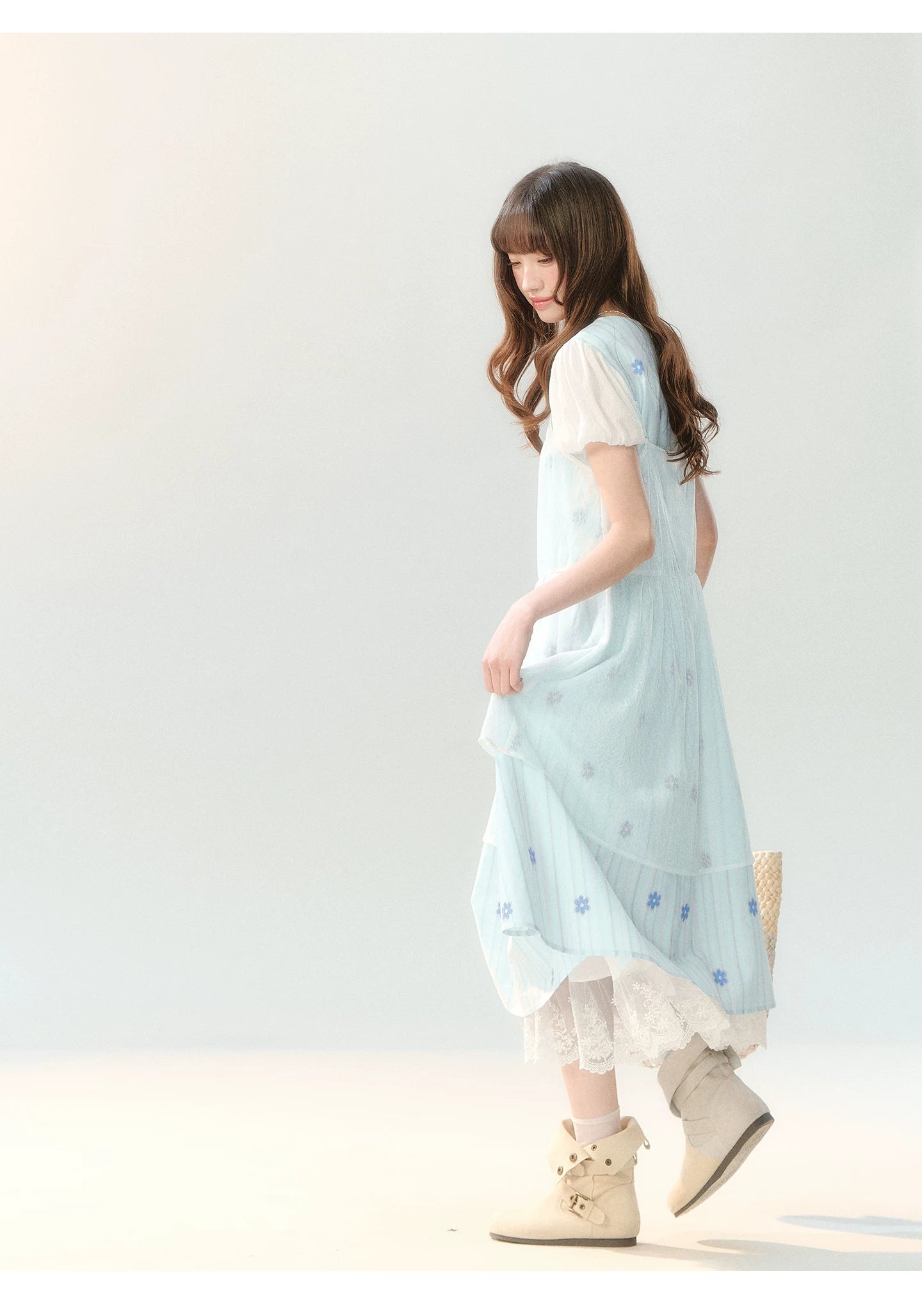 "Soft Bloom Chronicle" Blue Floral Dress & Apricot Cami Set