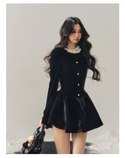 040126 "The Bladette Heiress" French Lace-Trim Velvet Mini Dress