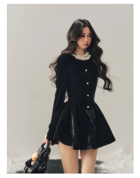 040126 "The Bladette Heiress" French Lace-Trim Velvet Mini Dress