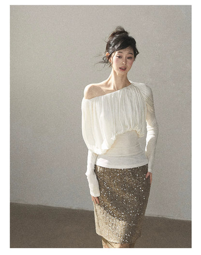 AOMALM - Creamy Ivory Asymmetric Ruched Off-Shoulder Long Sleeve Top