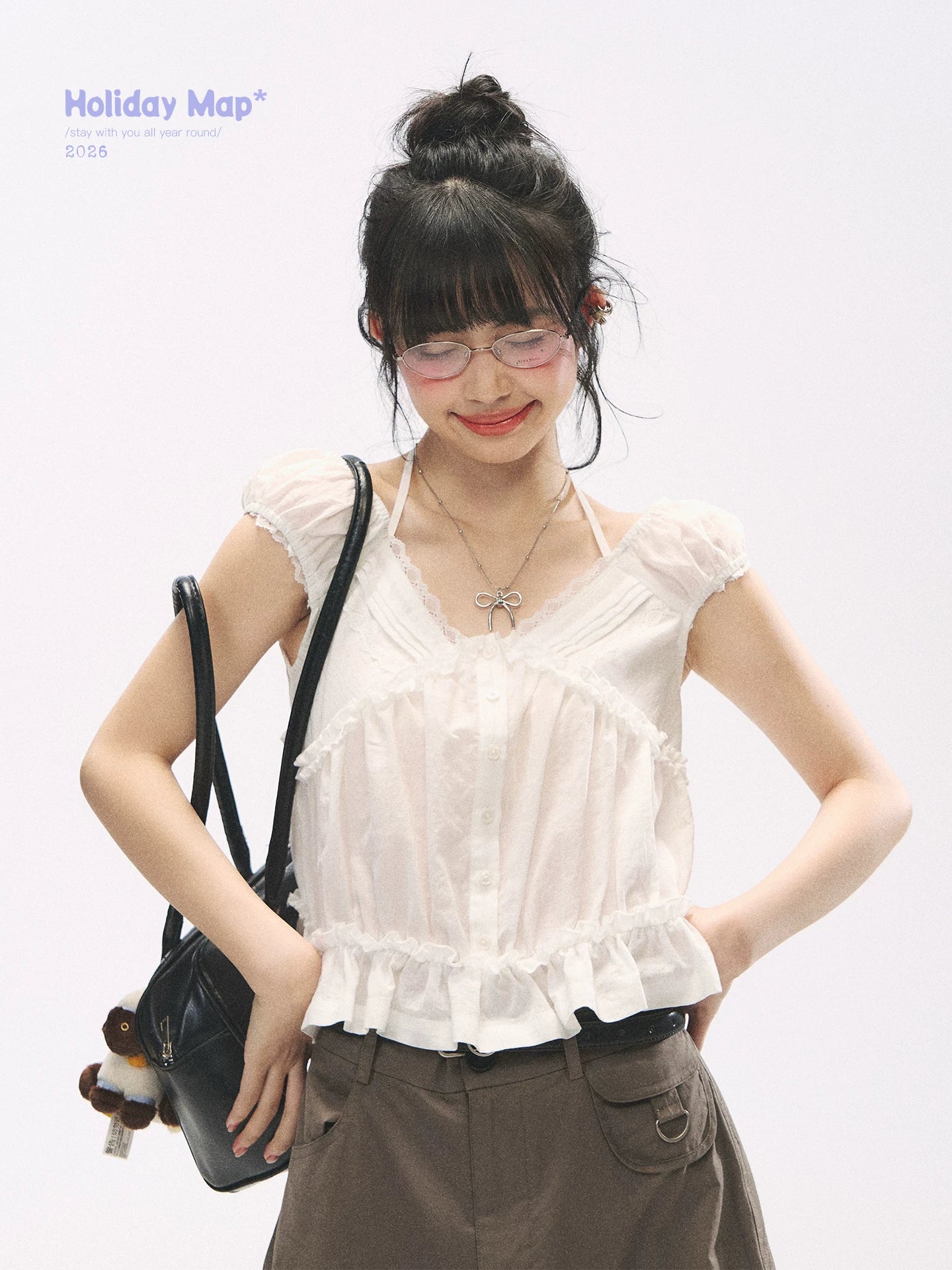 "French Meadow Romance" Ivory Lace Trim Halter Tie V-Neck Cotton Blouse