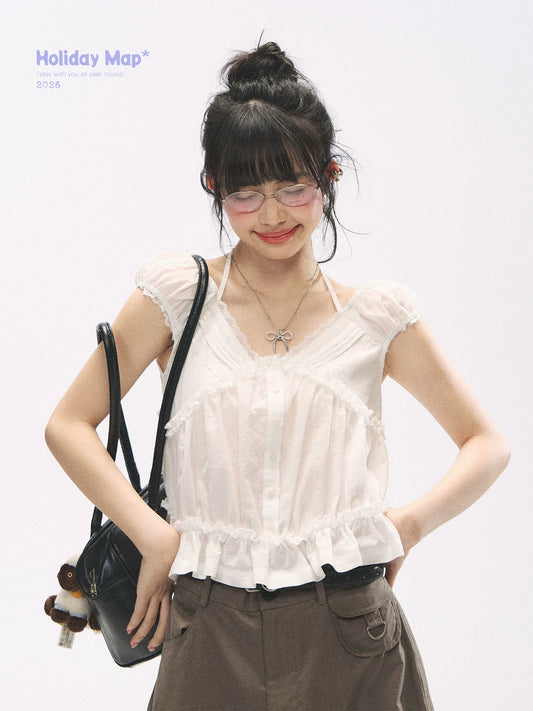 "French Meadow Romance" Ivory Lace Trim Halter Tie V-Neck Cotton Blouse