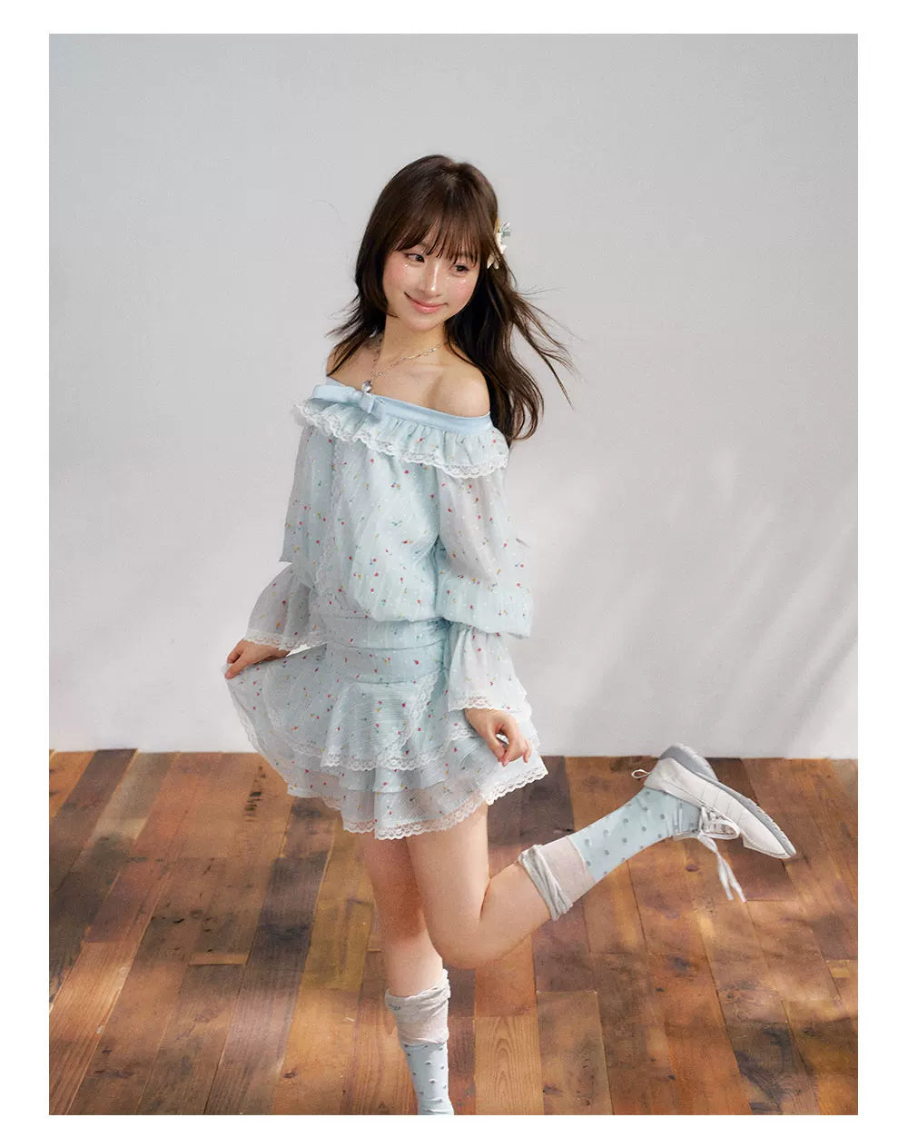 “Blue Meringue Reverie” Blue Off-Shoulder Cake Dress
