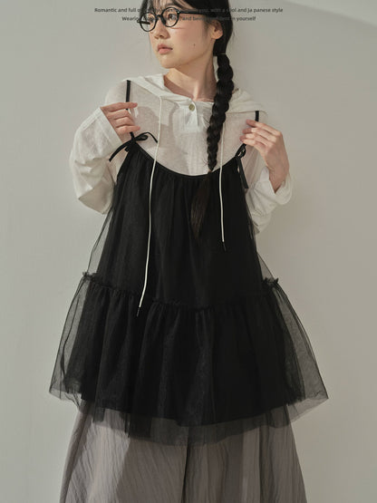 "Airy Veil" Layering Mesh Cami Top (Black / White)