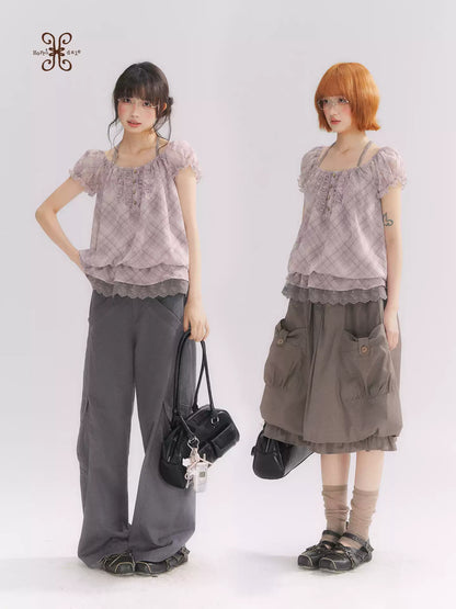“Misty Plum Plaid” Gray-Purple Plaid Lace Trim Halter Top