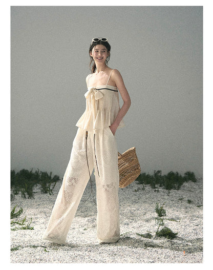 “Breeze Over Pleats” Cream Ribbon Camisole Top