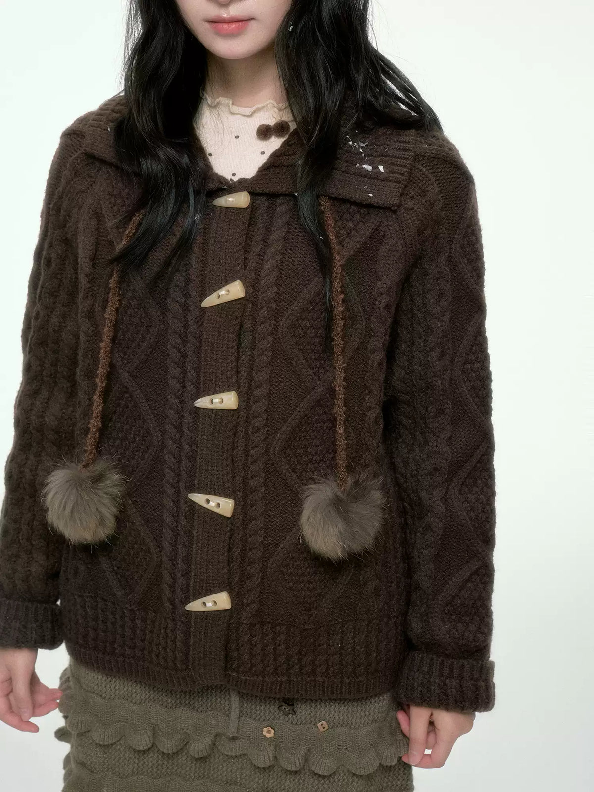 BIBIBENCY - Brown Cable-Knit Cardigan with Toggle Closures