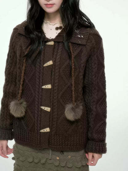 BIBIBENCY - Brown Cable-Knit Cardigan with Toggle Closures