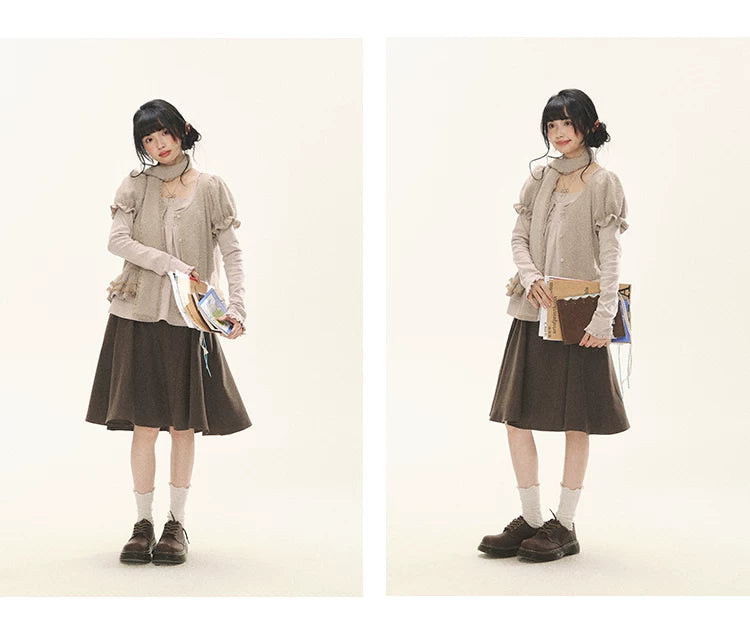 "Sweet Favorite" Polka Dot Faux-Layer Bow Knit Top (Gray Brown/ Blush Pink)