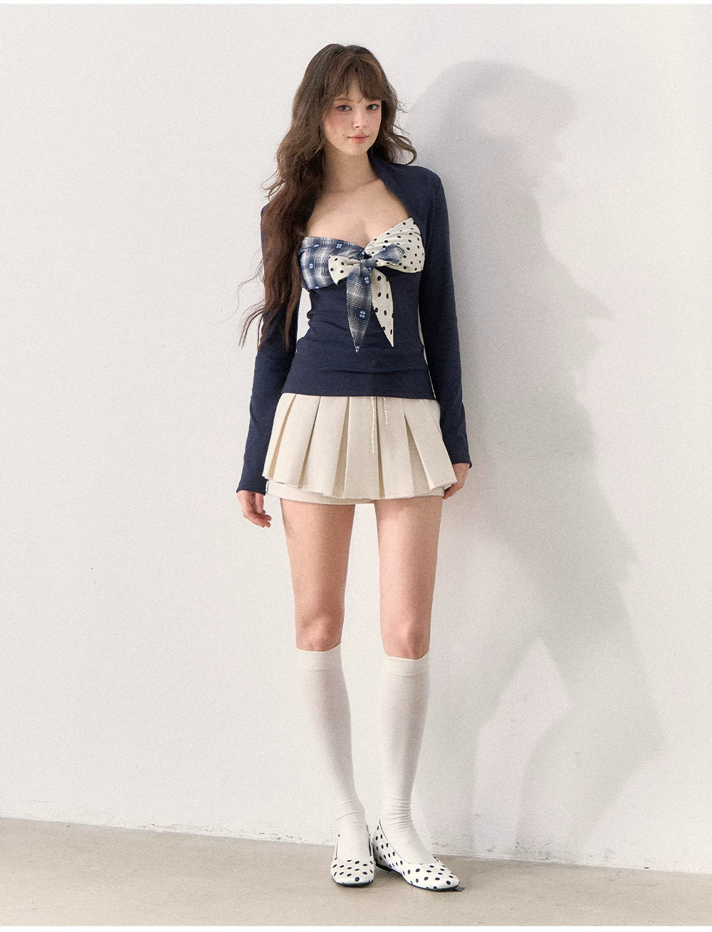 [TMMG] French Retro Polka Dot Plaid Bow Fitted T-Shirt (Deep Navy)