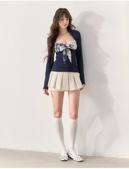 [TMMG] French Retro Polka Dot Plaid Bow Fitted T-Shirt (Deep Navy)