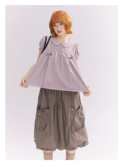 “Sweet & Cool Girl” Taupe Bow Drawstring High-Waist A-Line Cargo Skirt