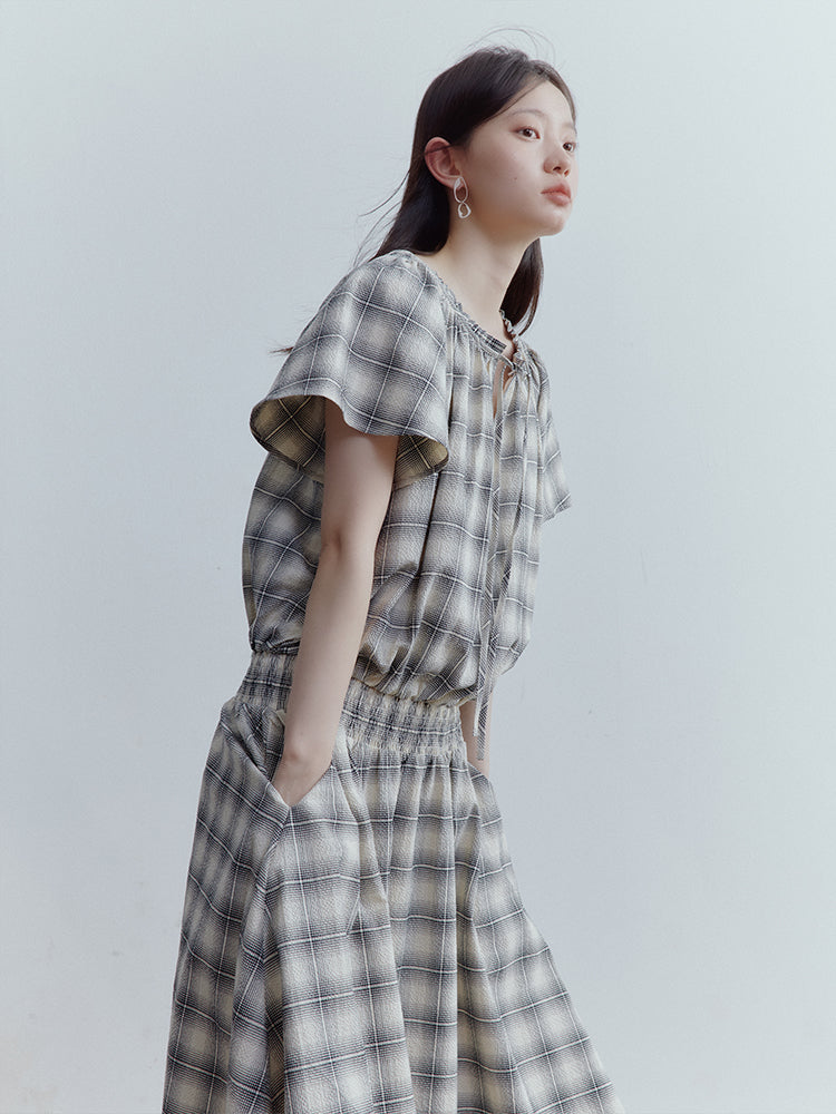 FUSSED Berlin Street Gathered & Panel Dress – Black & White Dupling Check FOF-25SS150