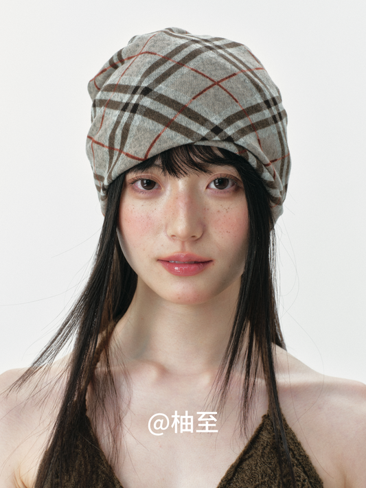 Vintage Plaid Hooded Scarf Hat – 2-in-1 Slouchy Ear-Warmer Cap