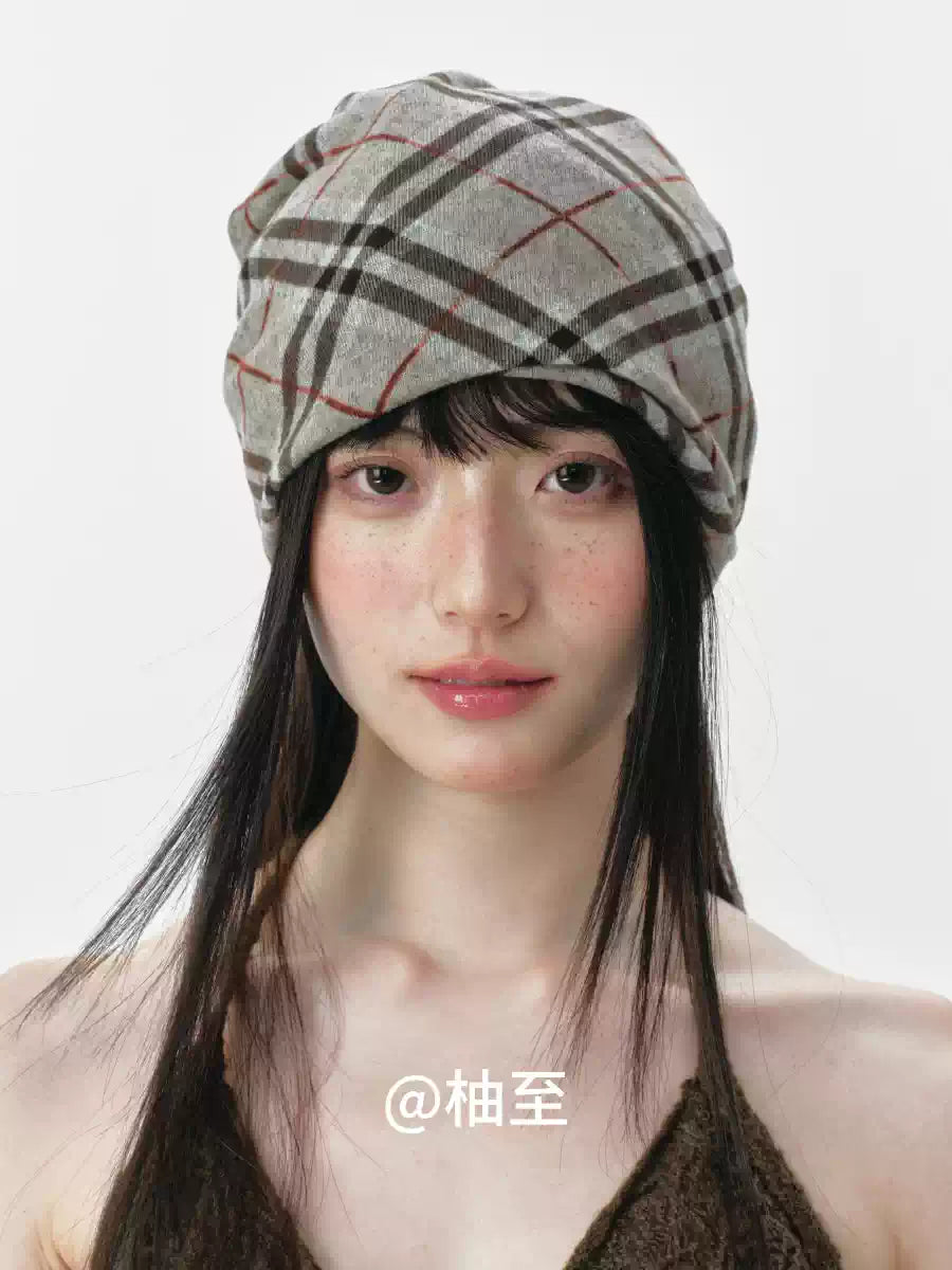 Vintage Plaid Hooded Scarf Hat – 2-in-1 Slouchy Ear-Warmer Cap