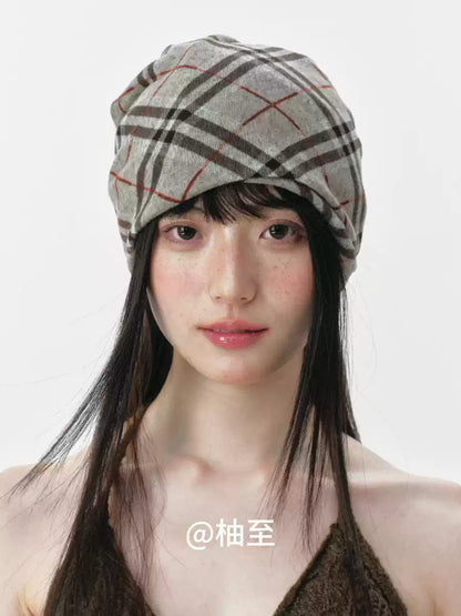 Vintage Plaid Hooded Scarf Hat – 2-in-1 Slouchy Ear-Warmer Cap
