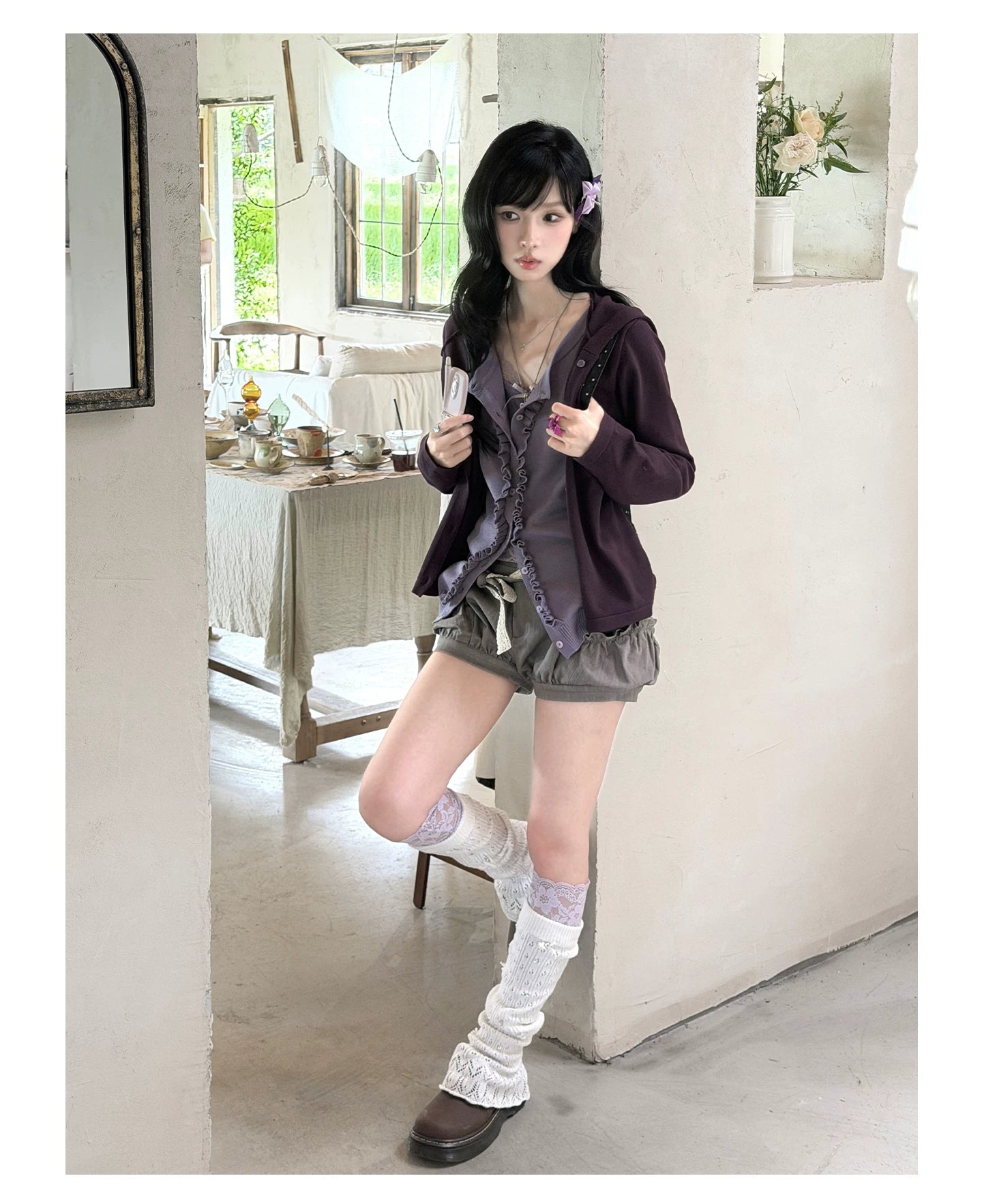 "Sage Whisper" Layered Knit Collection (Hooded Knit Cardigan / Lace Cami / Bubble Shorts)