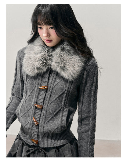 少也眼 “She Turns to Smoke” Korean-Style Knit Cardigan with Faux-Fur Collar
