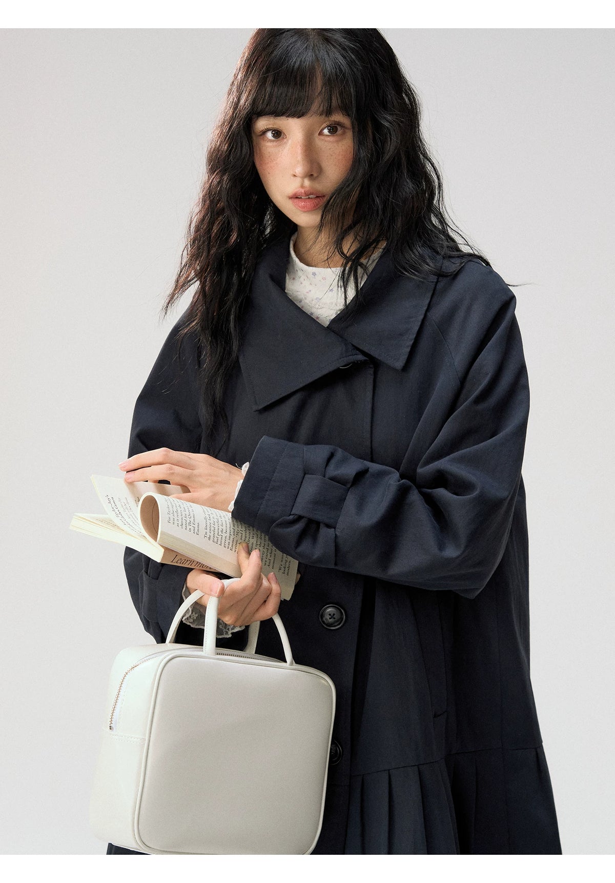[CAN] "Azure Echoes" Navy Double-Breasted Bow Long Trench Coat