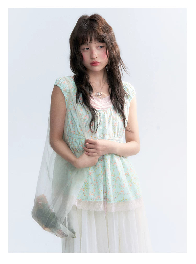 "Mint Blossom" Mint Green Floral Layered Floral Babydoll Top