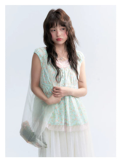 "Mint Blossom" Mint Green Floral Layered Floral Babydoll Top