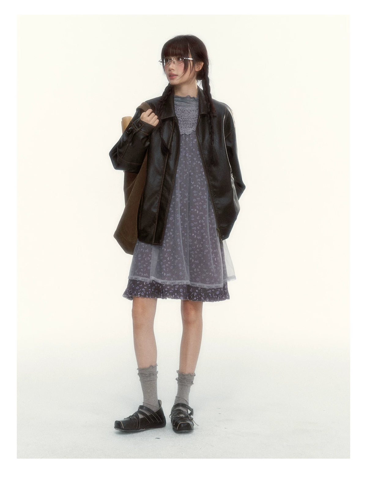 Gray Purple Floral Mesh Overlay A-Line Dress
