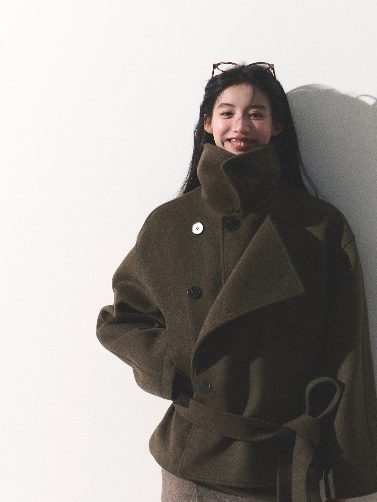 OAKMOO/ "The Flowers Are in Full Bloom" Jade Green Wool-Blend Short Belted Coat