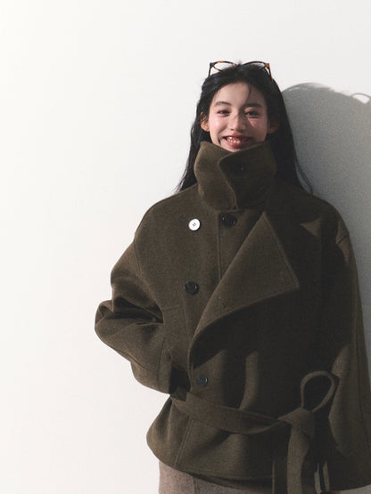 OAKMOO/ "The Flowers Are in Full Bloom" Jade Green Wool-Blend Short Belted Coat