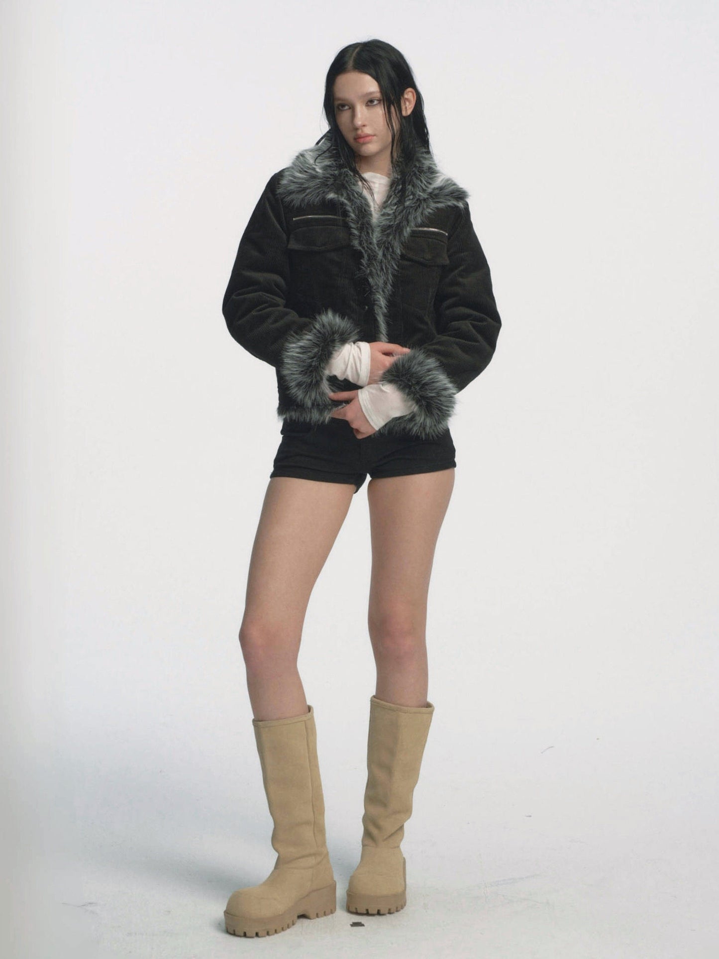 Muirgen - Black Retro Y2K Corduroy Faux Fur Cropped Jacket