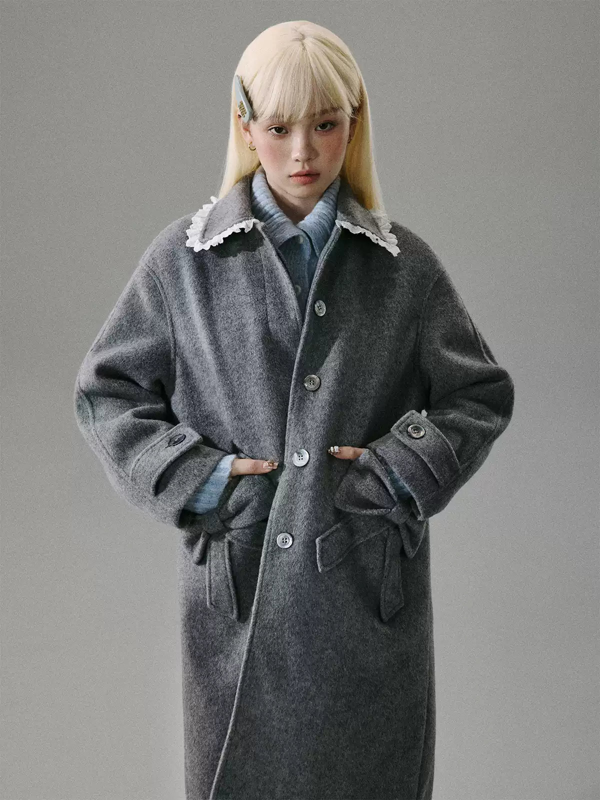 “Winter Cedar Lace Bow” Wool-Blend Loose-Shoulder Coat - Gray M6665