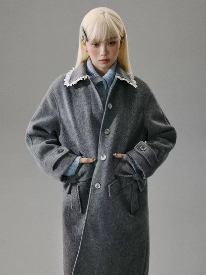 “Winter Cedar Lace Bow” Wool-Blend Loose-Shoulder Coat - Gray M6665