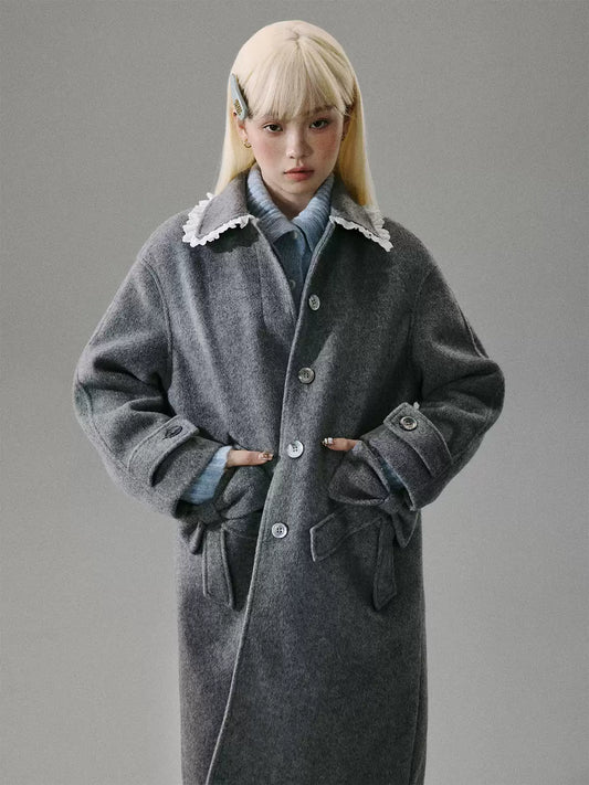 “Winter Cedar Lace Bow” Wool-Blend Loose-Shoulder Coat - Gray M6665