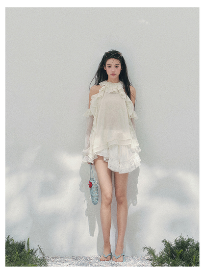 少也眼 “Heidi Heiress” Milk Apricot White Sheer Ruffle Top 142