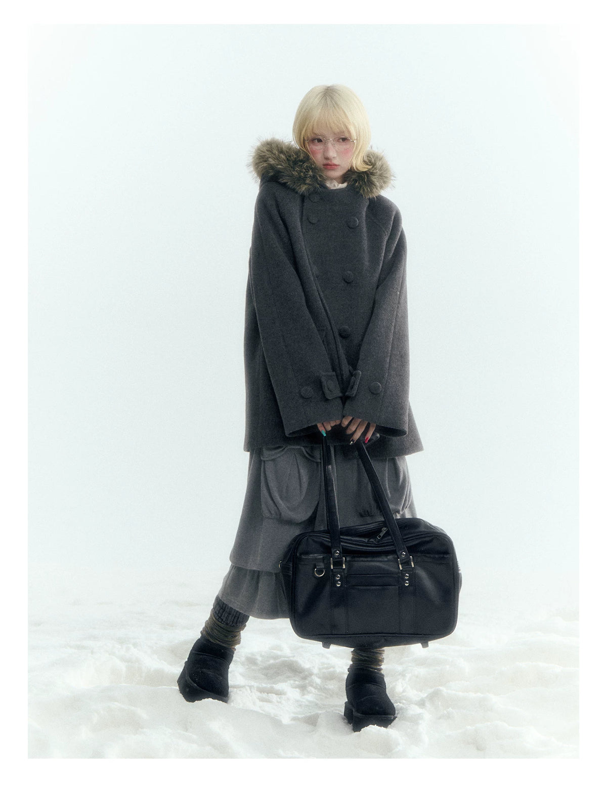 Japanese Hooded Double-Breasted Wool Coat (Deep Charcoal Gray / Taro Purple)
