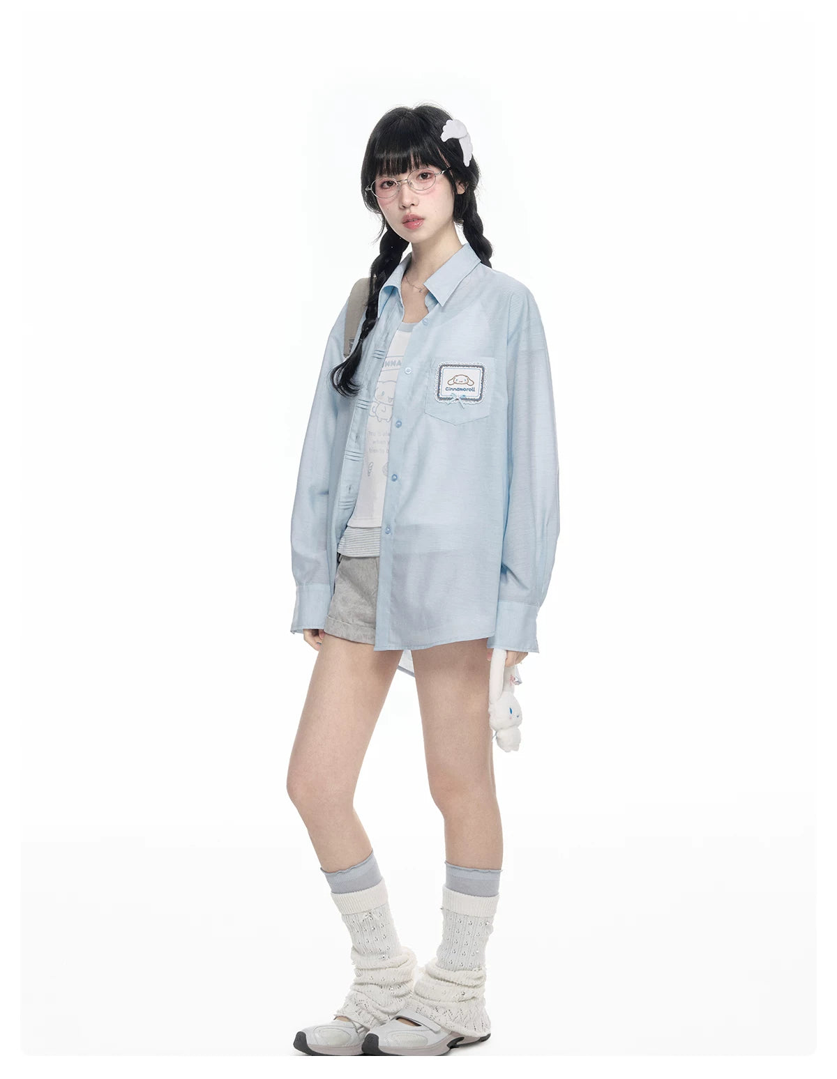 170726K "Campus Icons" Gray Purple Relaxed Polo Overshirt (Kuromi / My Melody / Cinnamoroll)