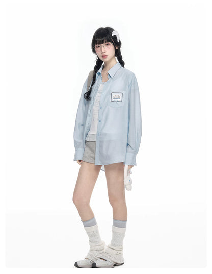 170726K "Campus Icons" Gray Purple Relaxed Polo Overshirt (Kuromi / My Melody / Cinnamoroll)