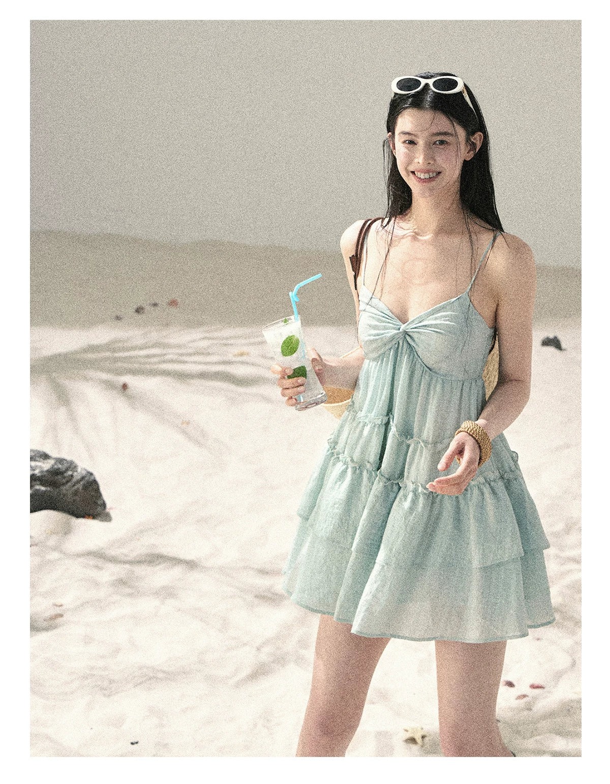 "Mossy Stone Steps" Primrose Green Tiered Cami Mini Dress