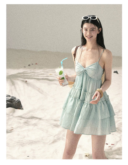 "Mossy Stone Steps" Primrose Green Tiered Cami Mini Dress