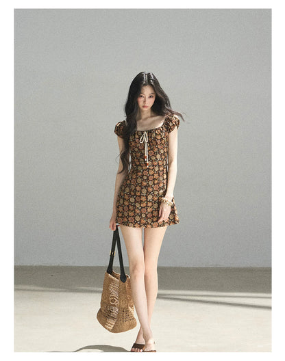"Wildflowers & Freedom" Mocha Mousse Floral Puff Sleeve Mini Dress