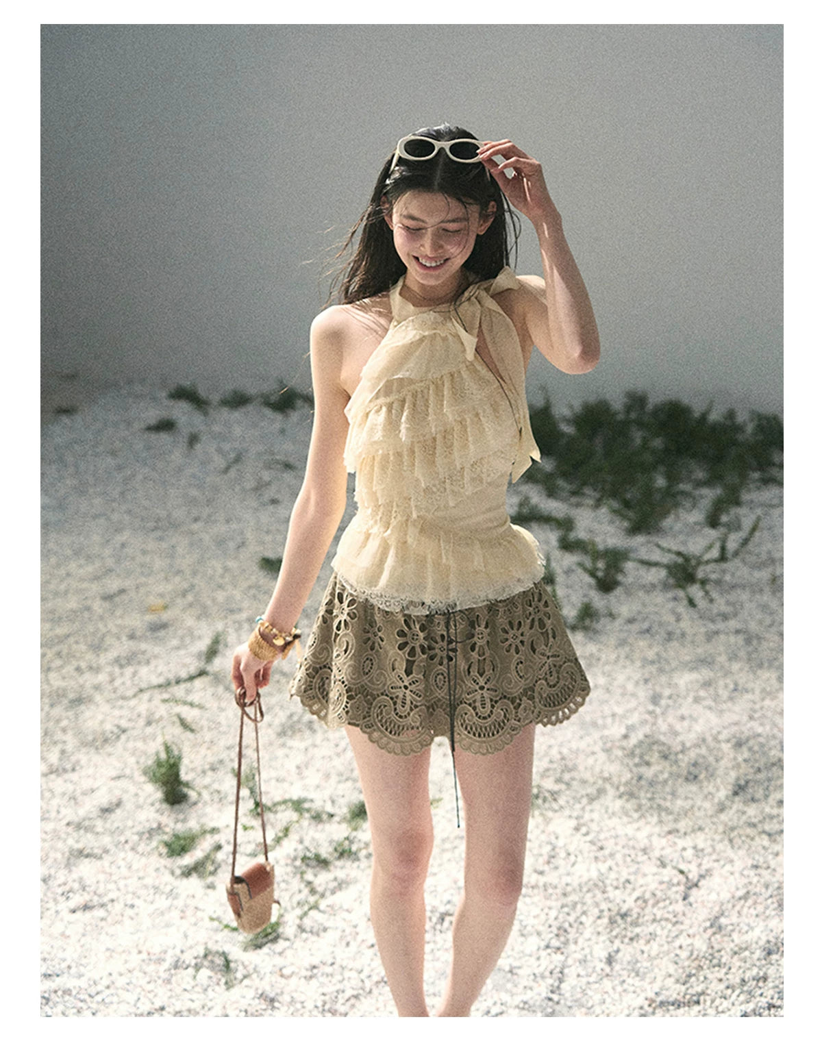 “Spring Traces in Tulle” Pale Butter Lace Halter Top