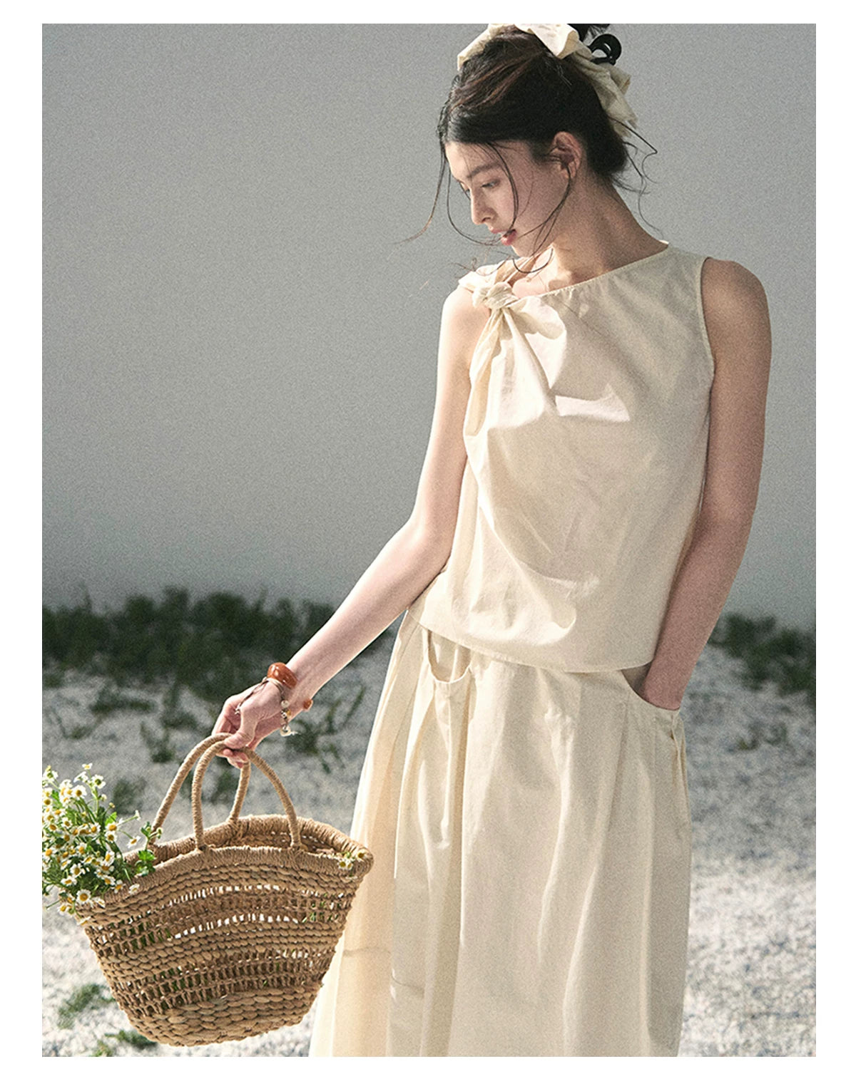 “Ivory Pleated Verse” Soft White Asymmetrical Twist Top & Skirt